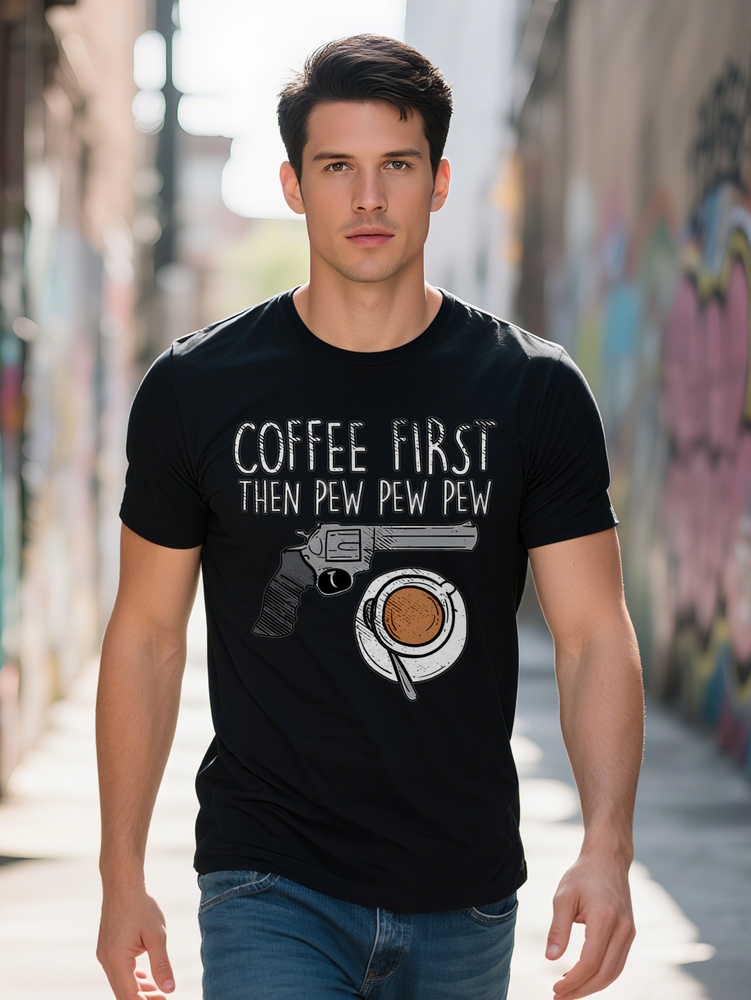 Men s Humorous First Then Pew Graphic T Shirt Black Casual Short Sleeve Round Neck Tee with Revoer Coffee Cup