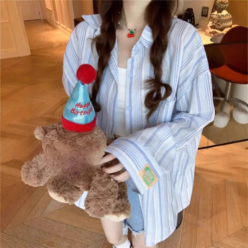 Pink Striped Shirt Women Korean Style Loose Long Sleeved Button Up Blouse Ladies Autumn Wild Streetwear Casual Shirts 2025 250811