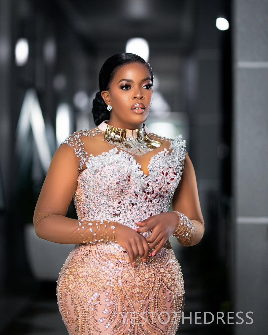 2025 Plus Size Prom Dress Evening Dresses For Black Women High Neck Long Sleeves Beaded Lace Shining Mirror Sequins Birthday Dress Second Reception Go