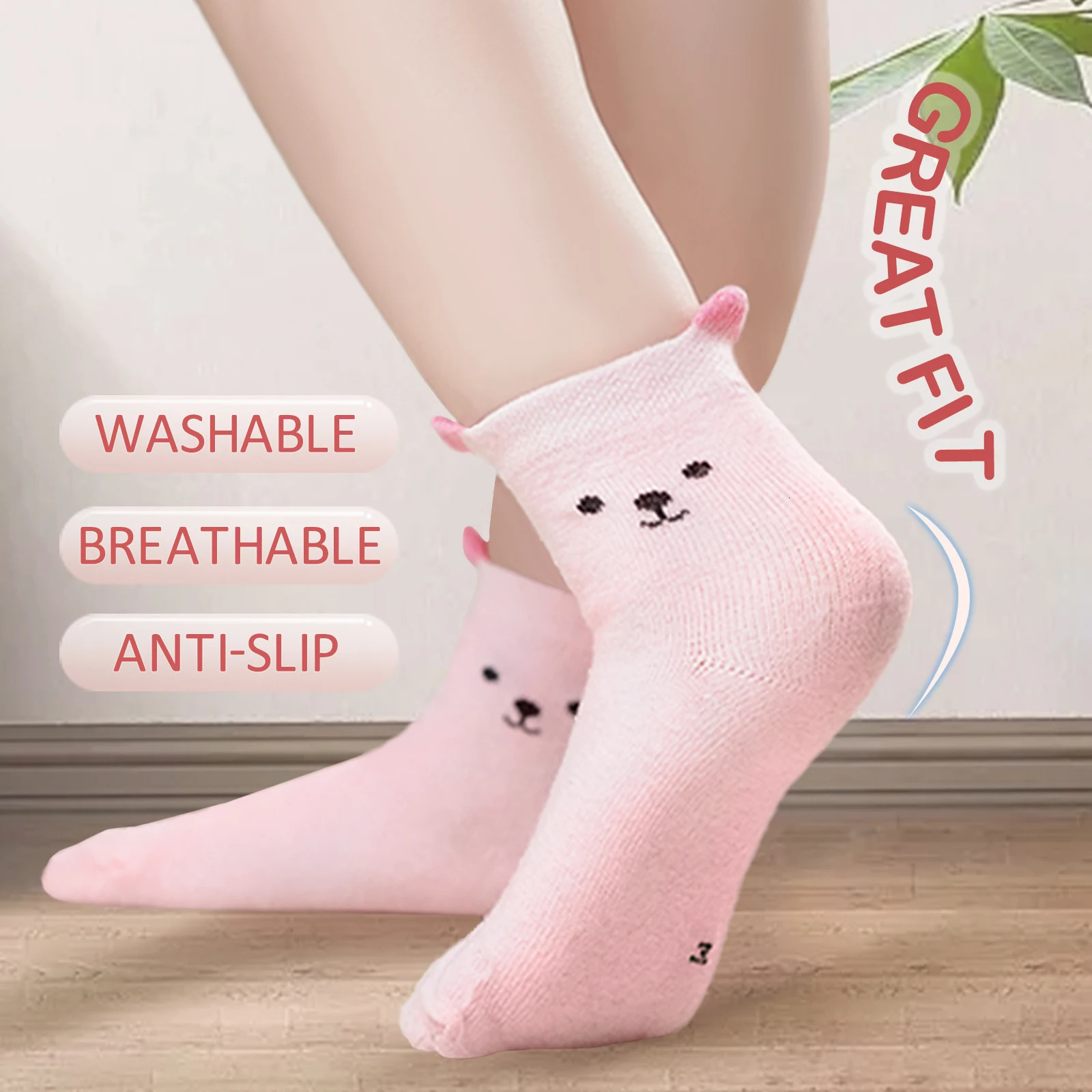 5Pairs Kids Girl Cartoon Socks Cotton Round Neck Mid Tube little Cute Pink Bear Pattern Sock Breathable Baby 08Years 250812