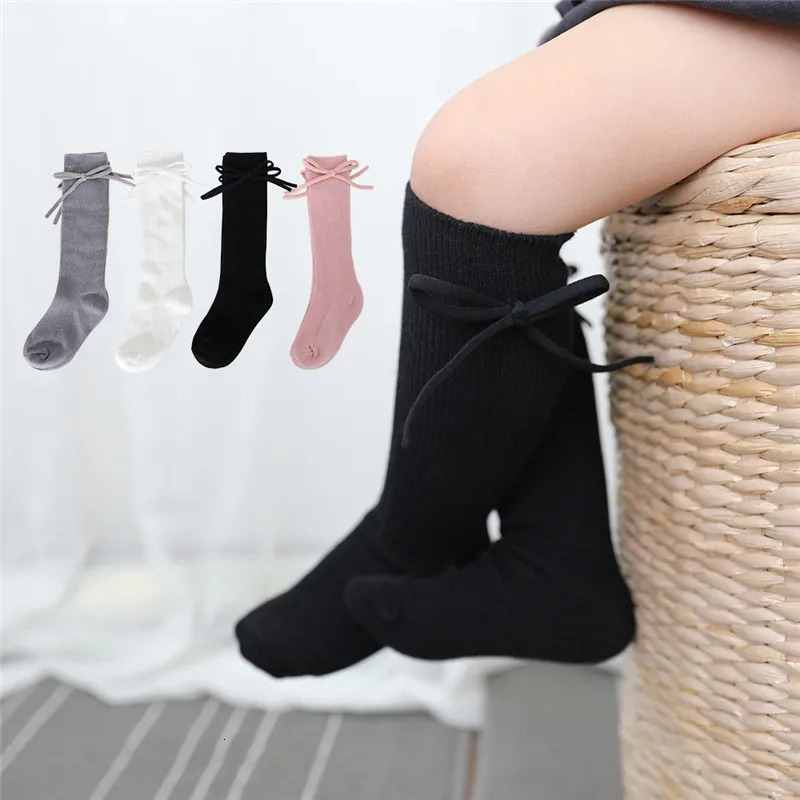 Autumn Kids Knee High Socks Baby Girls Boys Bowknot Flat Long Sock Soft Cotton Solid Children Princess Socken For 07 Years 250812