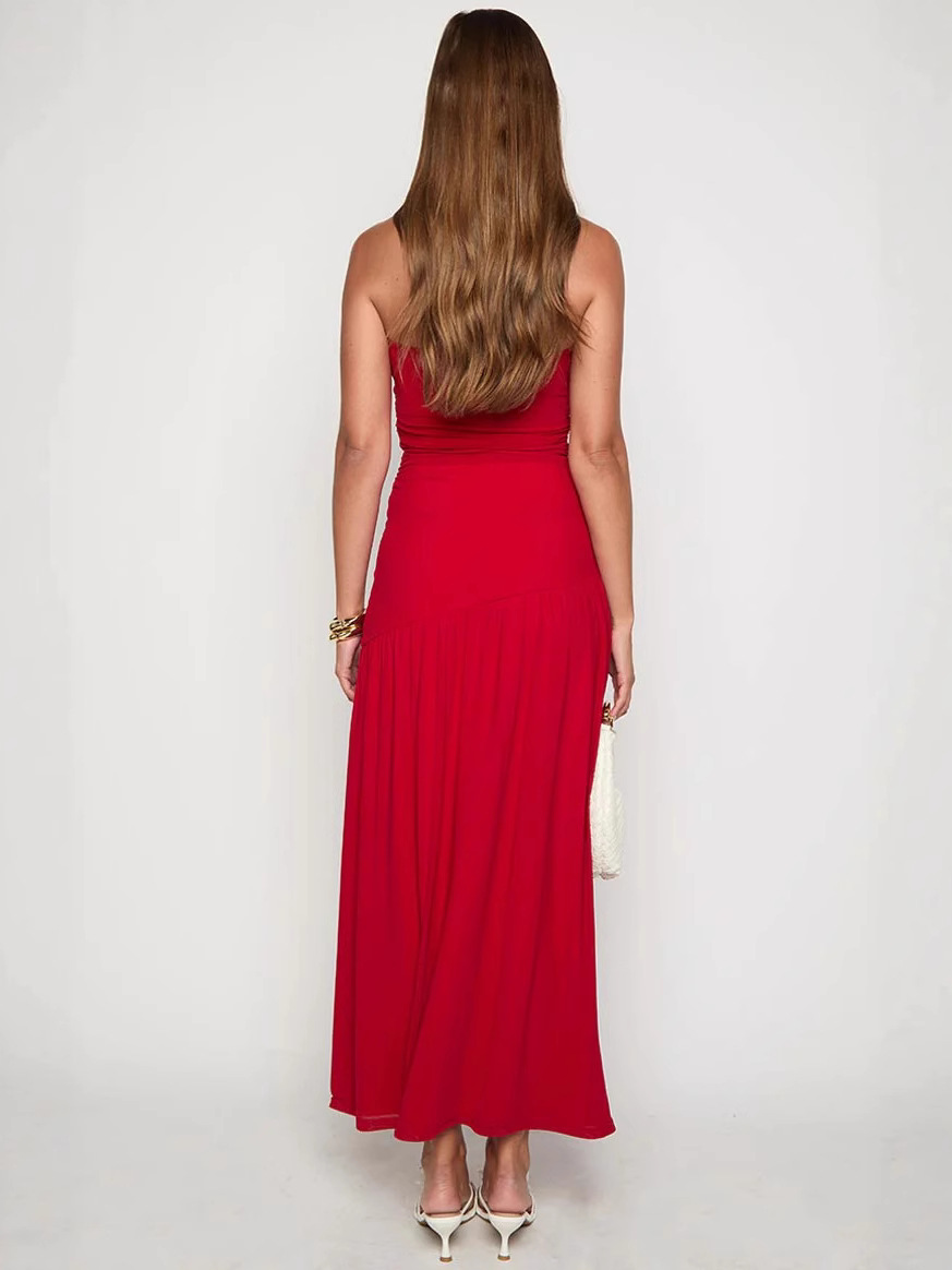 X84Foreign trade new arrival tube top gathered solid color side slit temperament dress