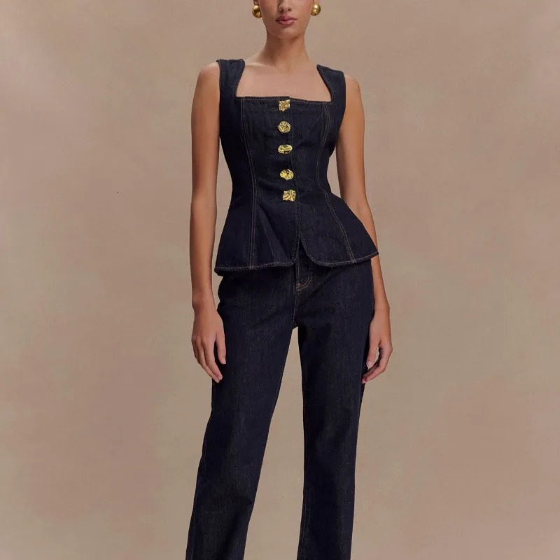 Spring and Autumn Womens Retro Denim Set Retro Solid Color Sleeveless Single Bretted Vest Top/Stylish High Waist Pants 250806