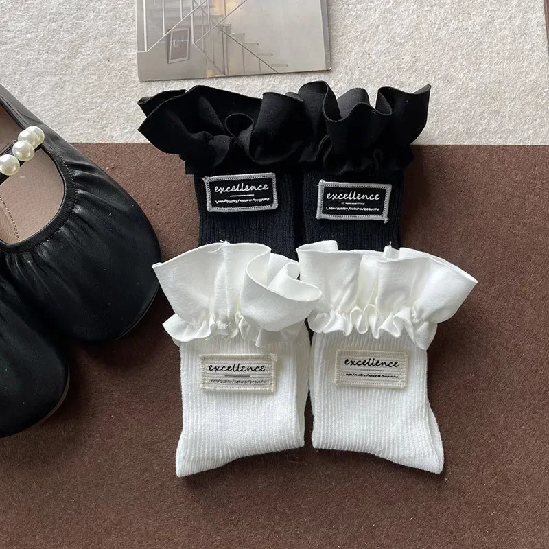 Autumn Kids Girl Sock Chic Korean Simplicity Ruffle Calf for Children Balck White Color Clothes Accessories 250812