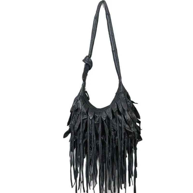 Genuine Leather Womens Bag with Black Stripes and Large Tassels Unique Soft and Stylish Single-Shoulder Womens Bag Z250812