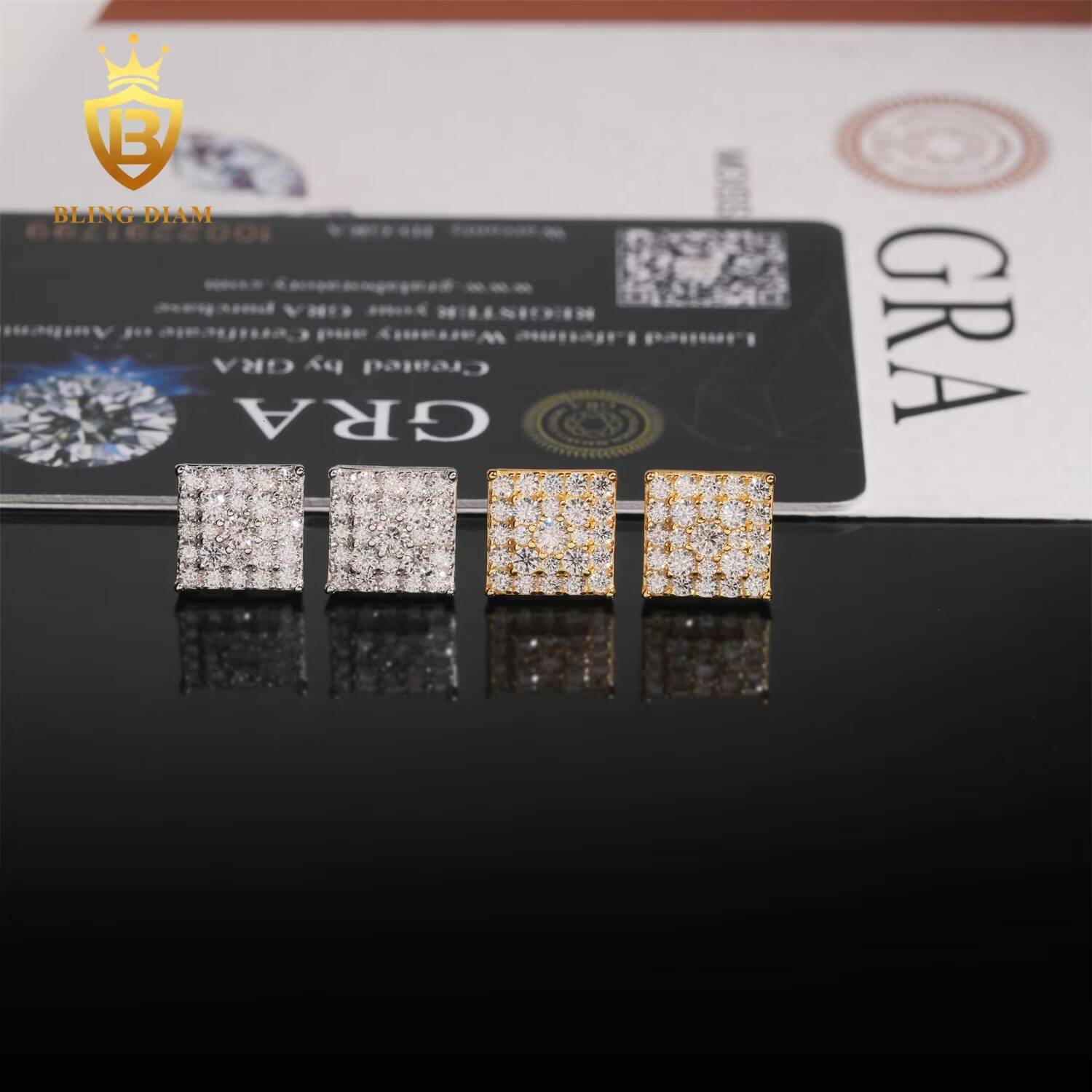 Blingdiam Jewelry 925 Sterling Silver Vvs Moissanite Custom Natural Diamond Square Earrings Stud for Men Women Vintage