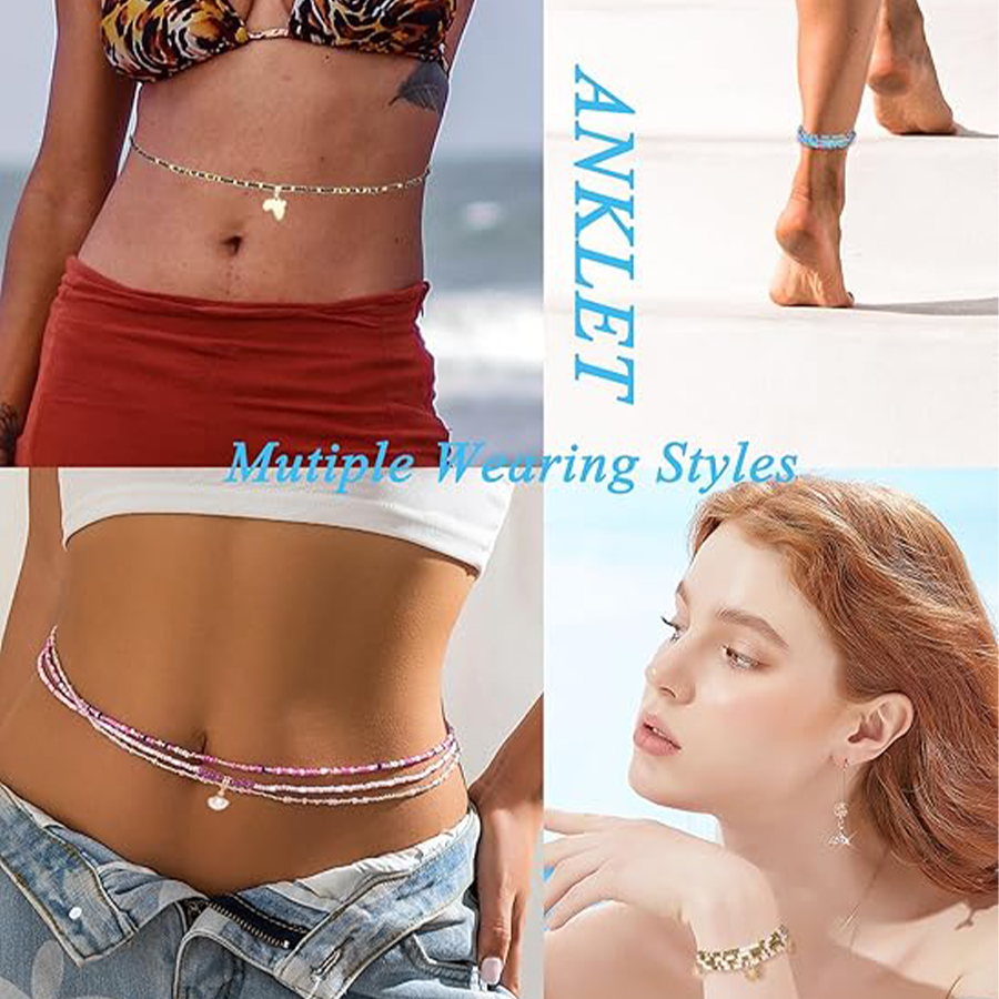 8Pcs 31.5 Inches African Waist Bead Chain Elastic Belly Beads Butterfly Shell Layered Body Chain Black Tone Jewelry Accessories for Women