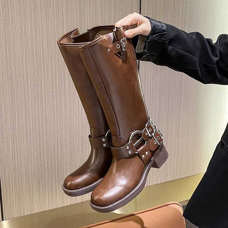 High Quality Brown Long Wen 2025 Autumn Winter Wens Knee-high Classic Metal Pin Buckle Punk Biker Boots Y250812