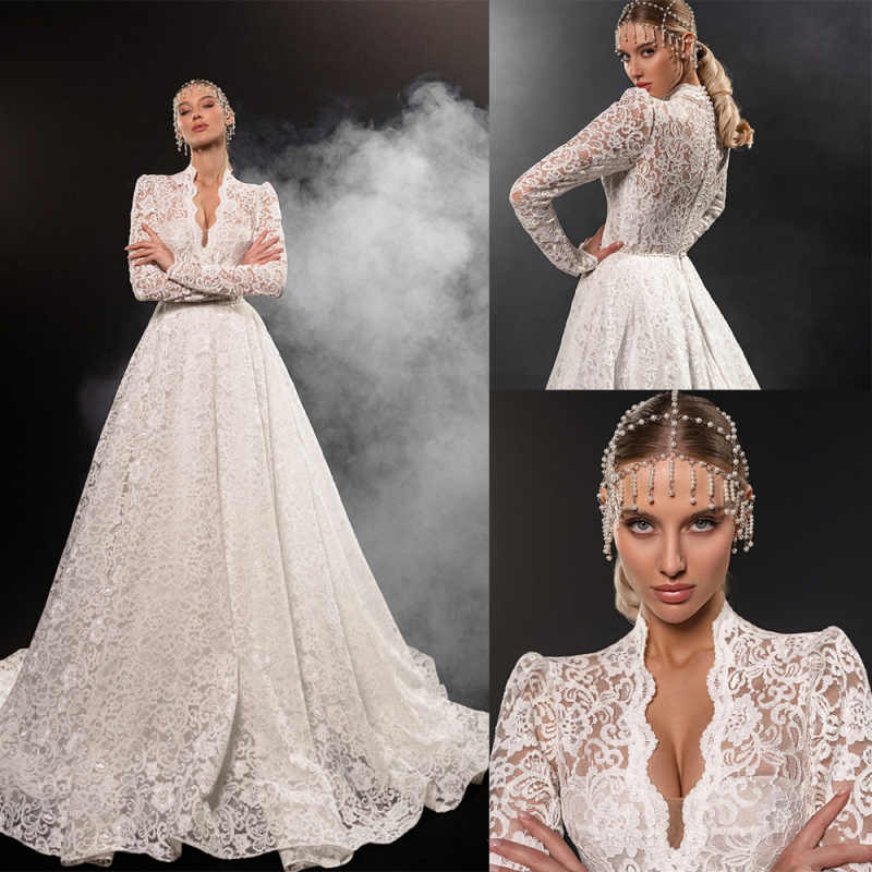 Luxury Princess Wedding Dresses Puffy Skirt Long Sleeve Tulle Lace Crystal Beaded Bridal Gown New Design Custom Made Vestidos De Novia