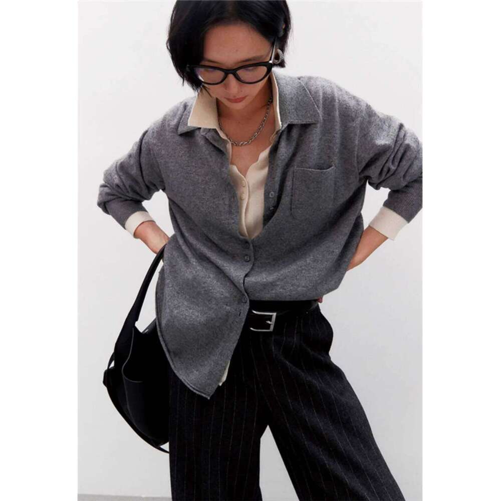 Europe Station Loose Mid-Length POLO Collar 100% Cashmere Knit Cardigan Women's Spring And Autumn Large Size Lapel Sweater 20250811