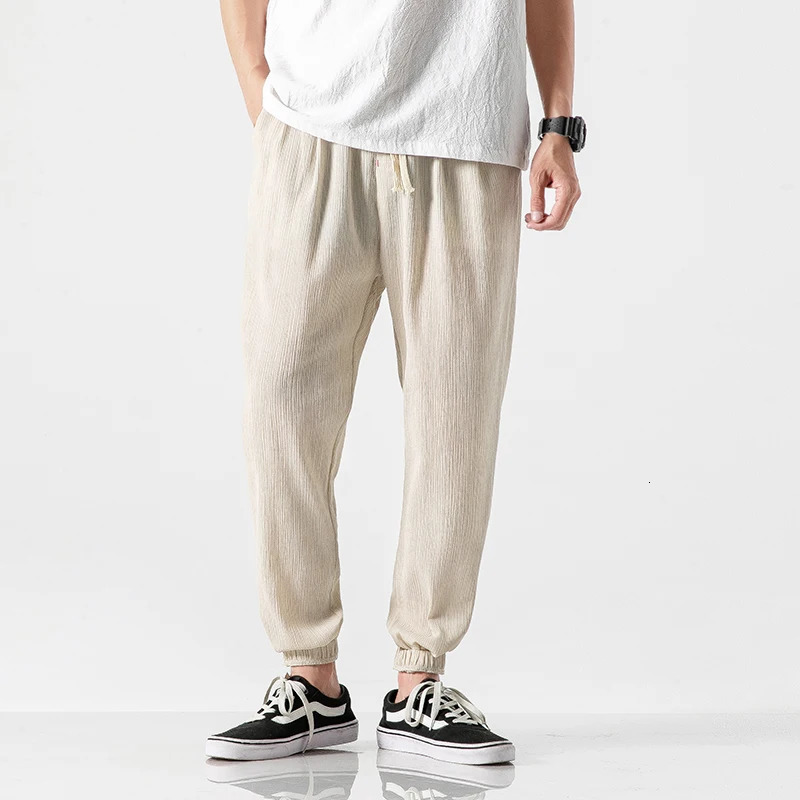 Summer Men Cotton Linen Casual Harem Pants Mens Solid Color Jogger Male Chinese Style Harajuku Elastic Waist Trousers Man 250729