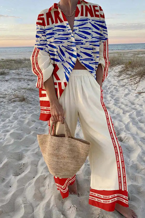 Fashion Lapel Long Sleeve Single-breasted Shirt Top Wide-leg Pants 2-piece Set Women Casual Marine Elements Print Suit Female 250811