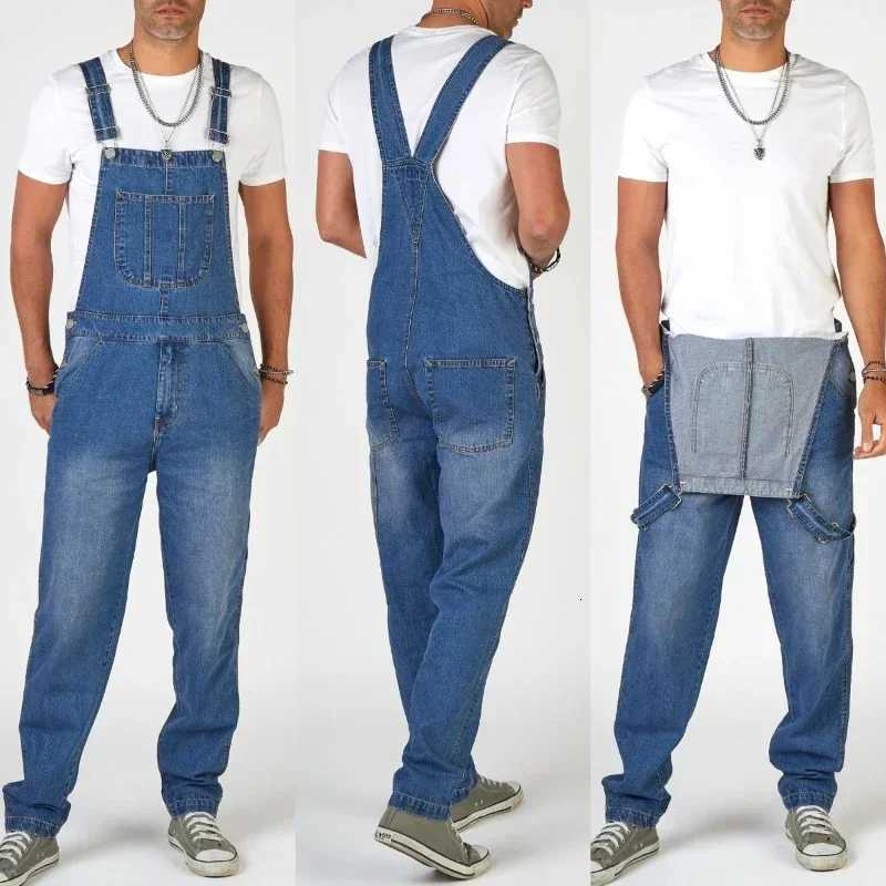 Men Jeans Denim Overalls Jumpsuits Pencil Pants Solid Washing Mid Waist Cargo Pockets One Piece Casual Ankle Length 2025 Romper X250812