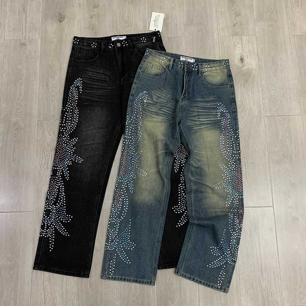 Streetwear Hot Drill Shinning Color Rhinestone Washed Baggy Jeans for Men and Women Straight Loose Casual Denim Pants Oversized X250812