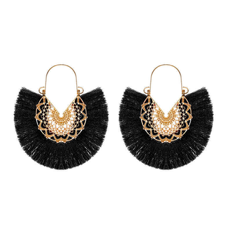 Ethnic Style Tassel Exaggerated Fan-shaped Lace Pattern Earrings Pendants Ear Accessories