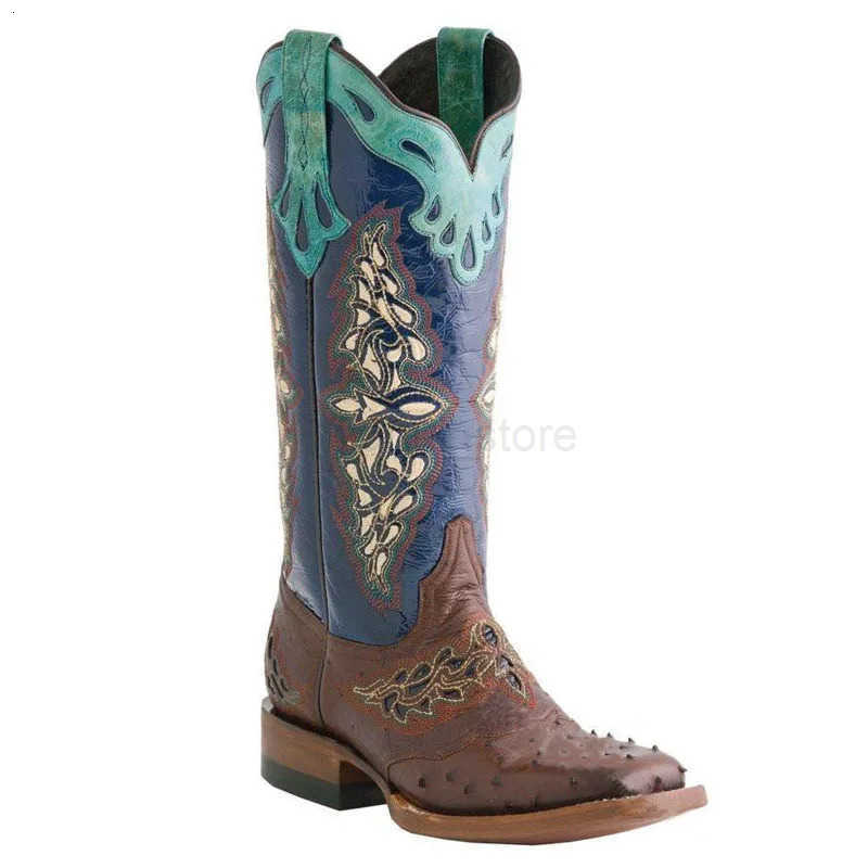 Leather Embroidered Western Cowboy Retro Cowgirl Boots Low Heels Knee High Boots Female Footwear M250812