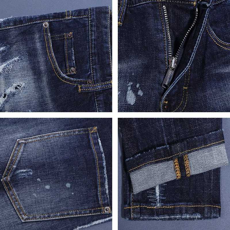 Fashionable mens deep blue jeans with scratches washed water nostalgic stretch slim fit painted jeans designer high street X250812