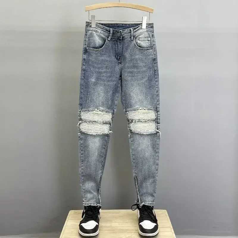 Man Cowboy Pants Cropped Light Blue Ripped Trousers With Holes Mens Jeans Torn Broken Winter Y 2K Vintage Oversize Y2K X250812