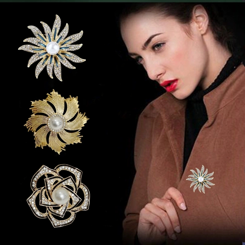 High-end sunflower brooch women's fashion coat, brooch pearl pin women's fixed clothes, camellia suit button pin