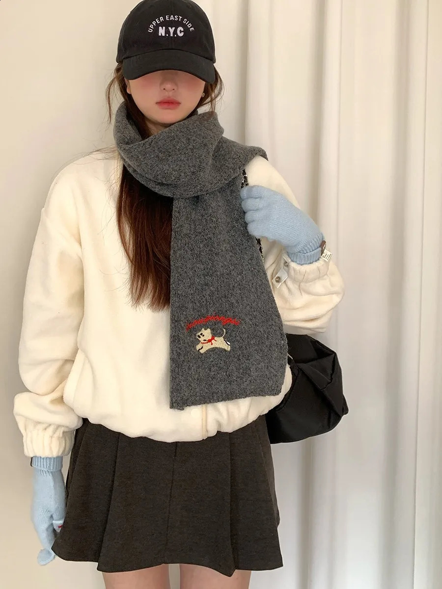 Cute Little Dog Embroidery Knitted Scarf With Wool For Women To Keep Warm In Autumn And Winter Versatile Neck Warmer 250812