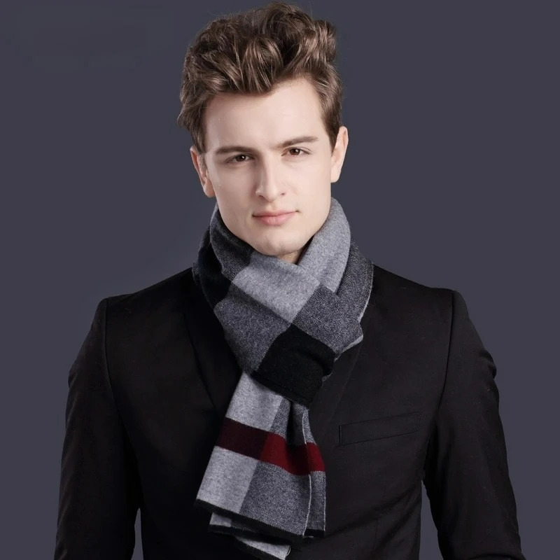 High Quality 100% Wool Scarf Men Autumn Winter Pure Wool Thick Warm Business Male Muffler Plaid Thermal Gents Wool Wraps 250812