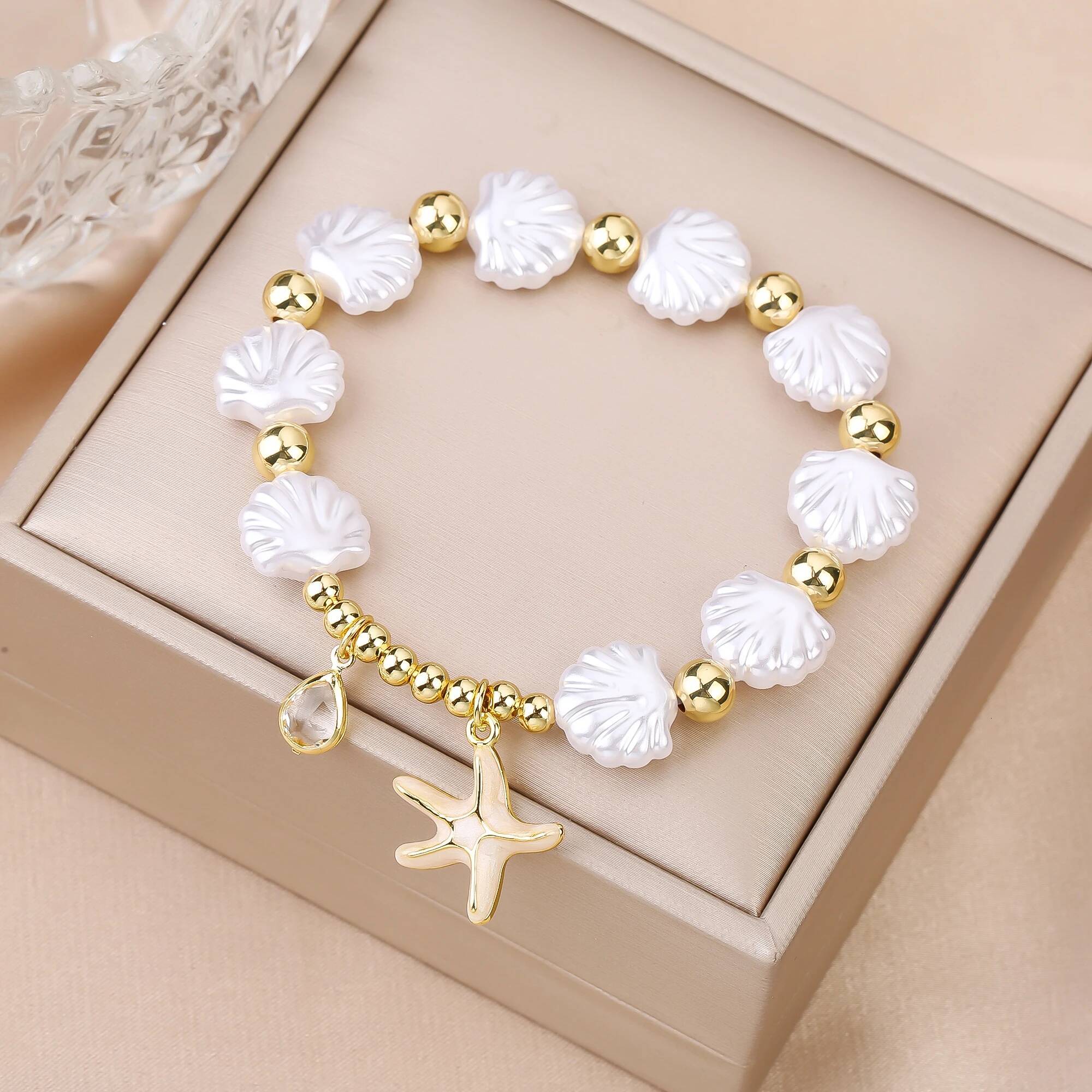 4 Color Metal Enamel Art Starfish White Shell Chain Gold Plated Bracelet for Woman Female Daily Party Jewelry