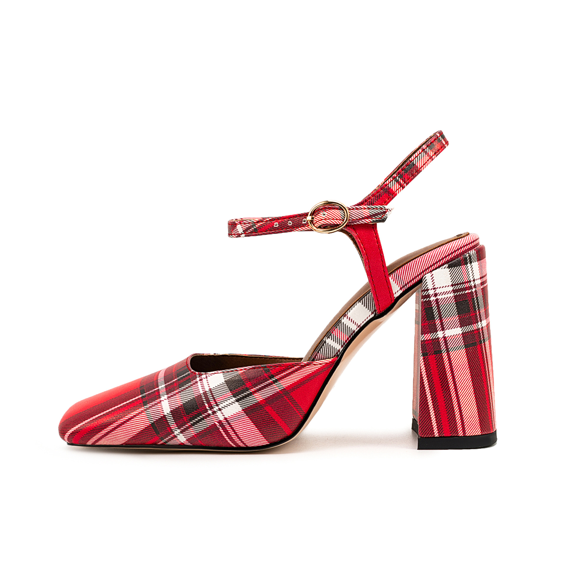Square-Toe Block Heel Sandals - Checkered Strappy Flats Mustard, Green, Lilac, Red