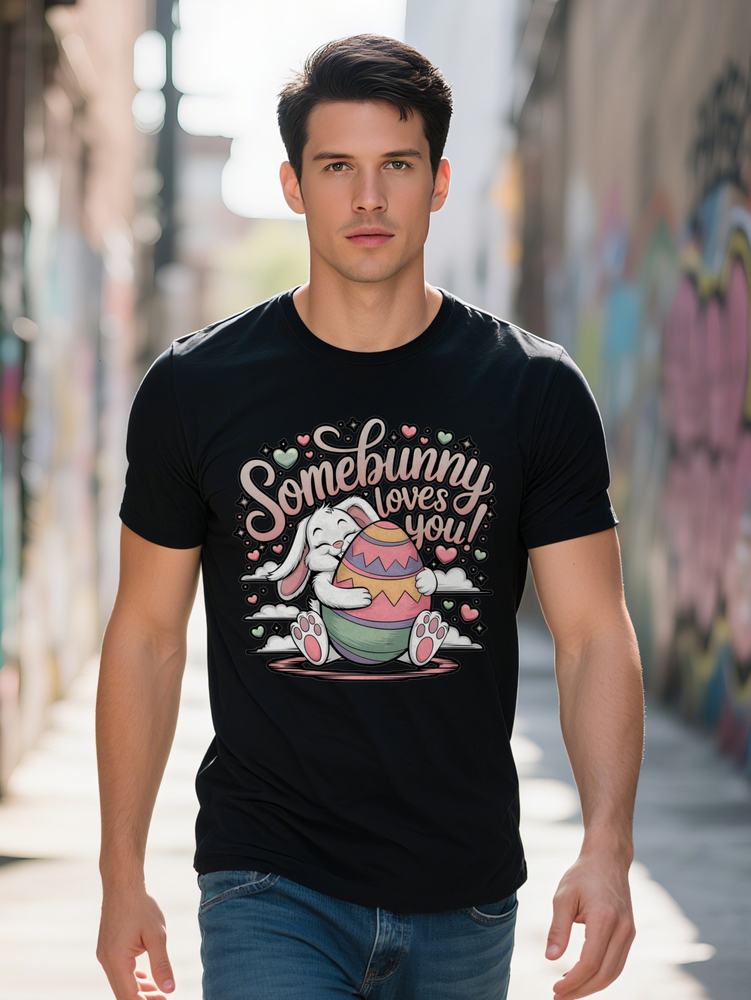 Men s Casual Crew Neck T-Shirt Easter Some Bunny Loves You Print Black Short Sleeve Tee Soft Blend Perfect Gift for