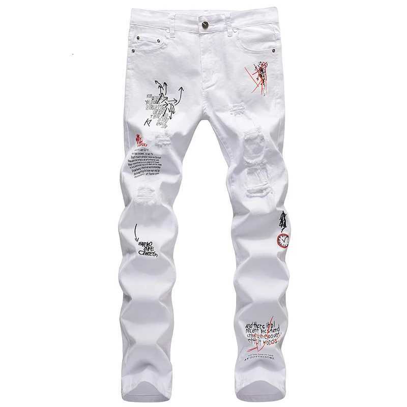 2022 Men Ripped Jeans White Black Stretch Slim Fit Spring Autumn Denim Pants Distressed Hip Hop Streetwear Biker Jeans Pants X250812