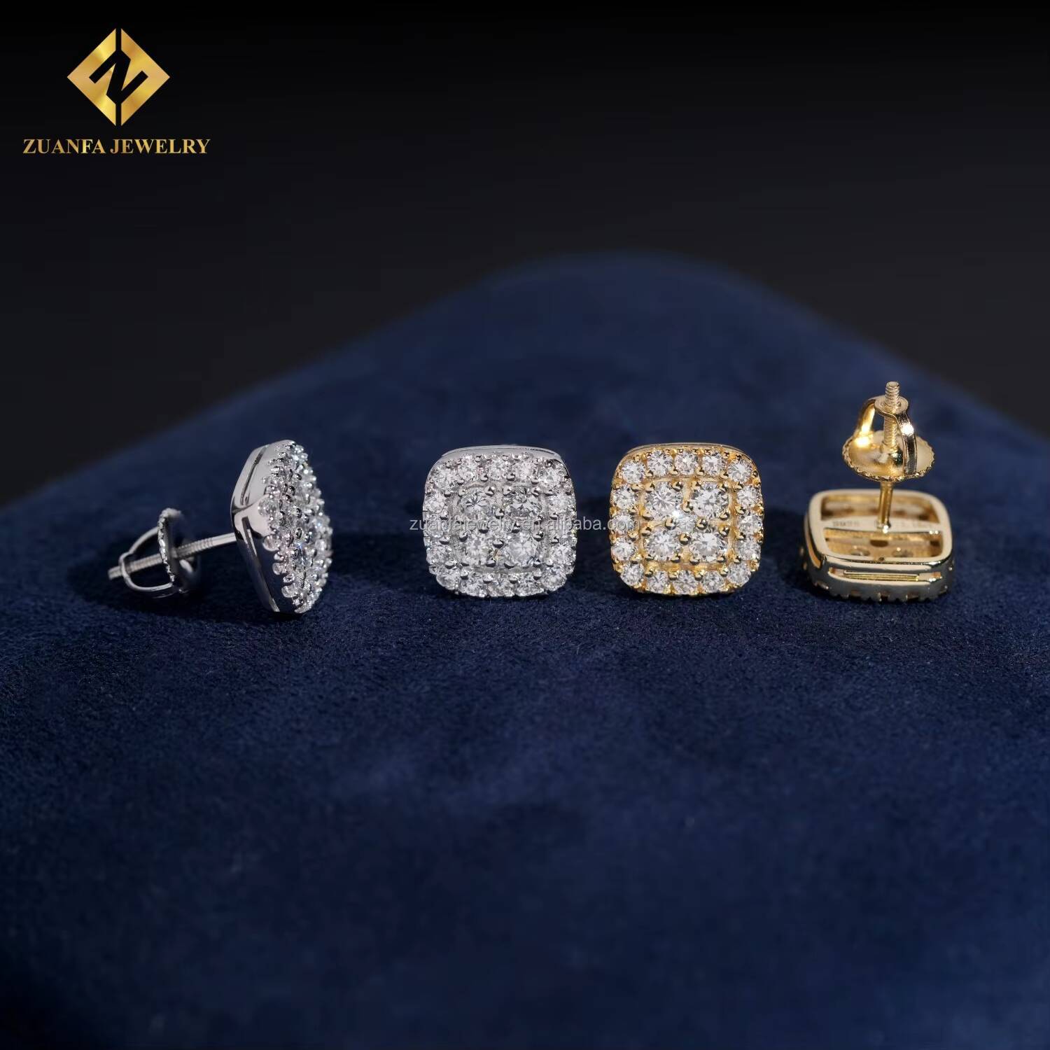 Luxury Hip Hop Style Fashion Iced Out 925 Sterling Silver Lab Grown HPHT Diamond VVS Square Stud Earrings Screw Back Gift