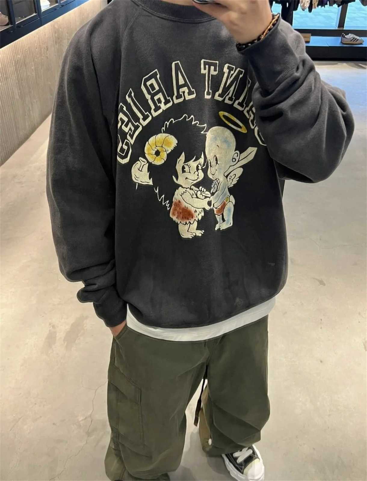 SAINT OF MICHAEL Angel Vintage Distressed Loose Round-NeCK Sweater High-Street Cotton Casual Loose Sweatshirt For Men Y250811