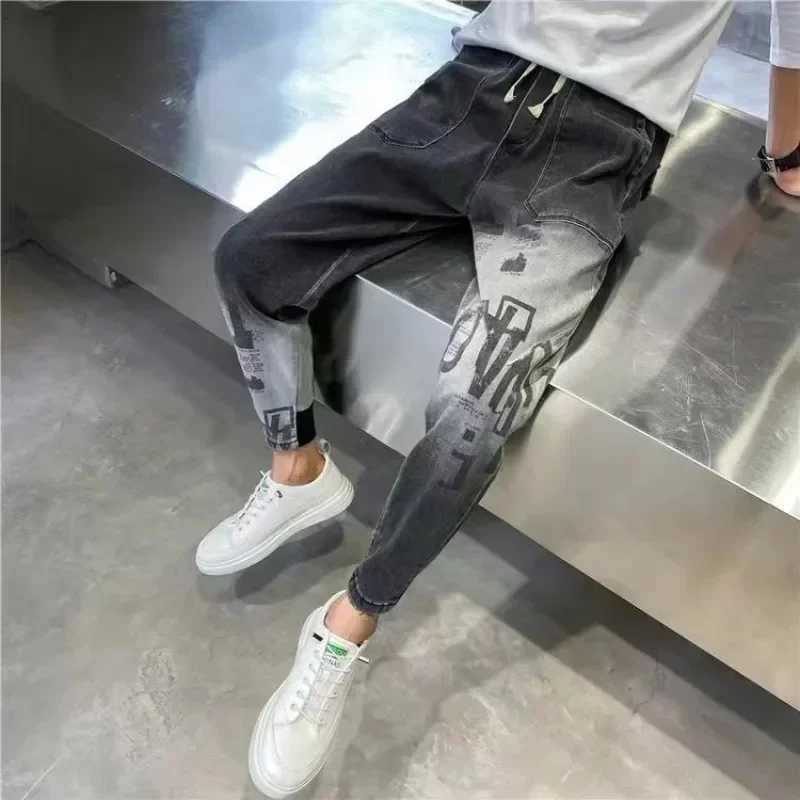Printed Harem Jeans for Men Black Male Cowboy Pants Harajuku Aesthetic Autumn Clothing 2024 Korean Trend Stacked Xs X250812