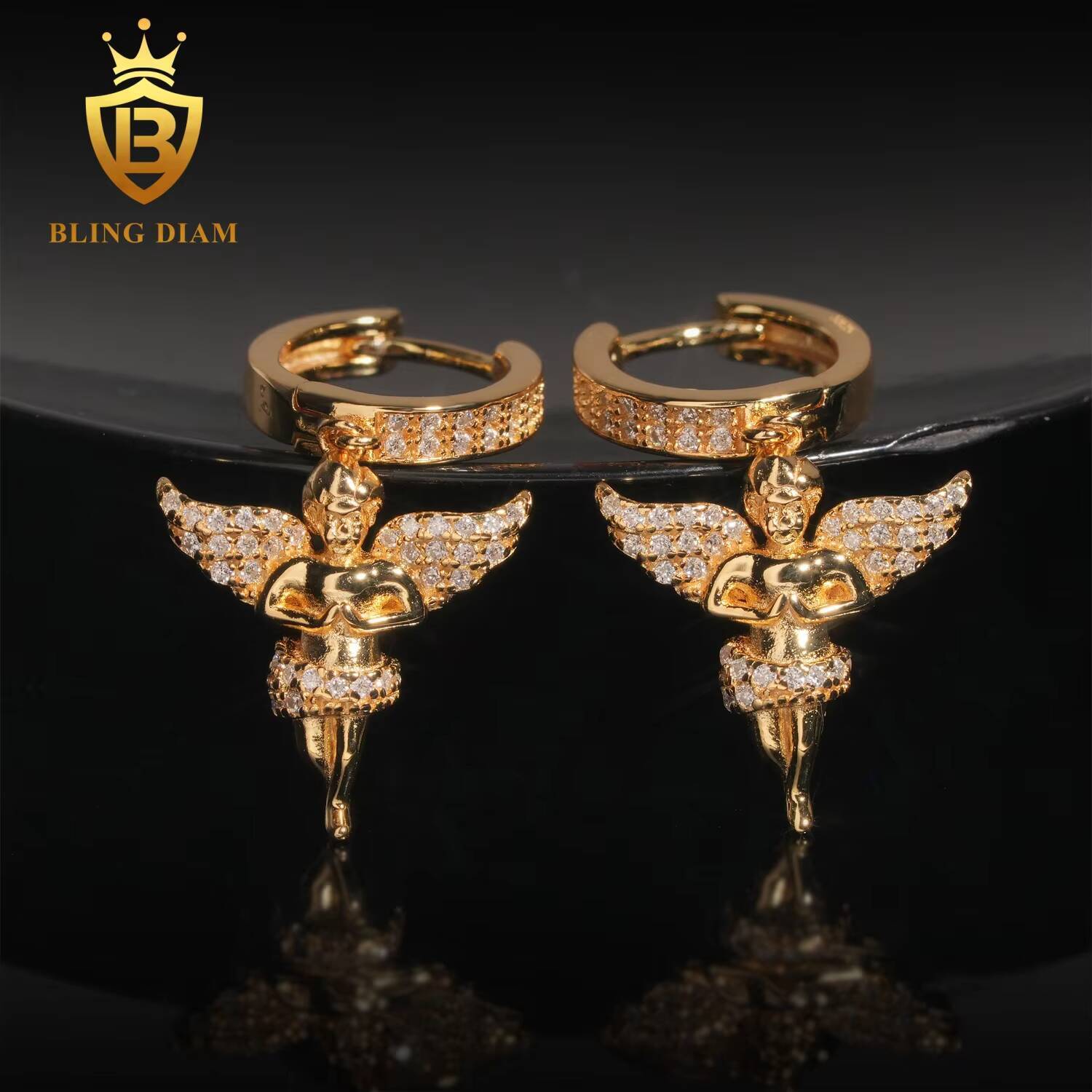 Luxury Style Popular Gold Plated 925 Sterling Silver Drop Angle Charm Moissanite Hoop Earrings