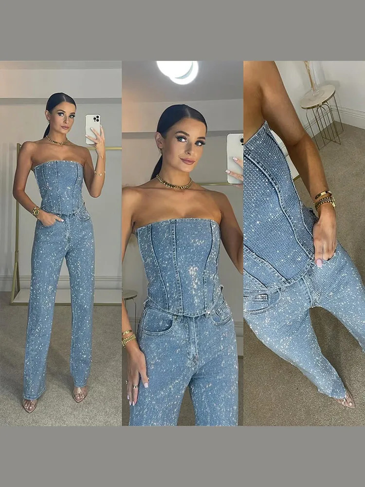 Diamond Vest Jeans Set For Women Sleveless Tube Tops High Waist Pocket Denim Pants Suit Female Spring Summer Lady Bodysuit 250806