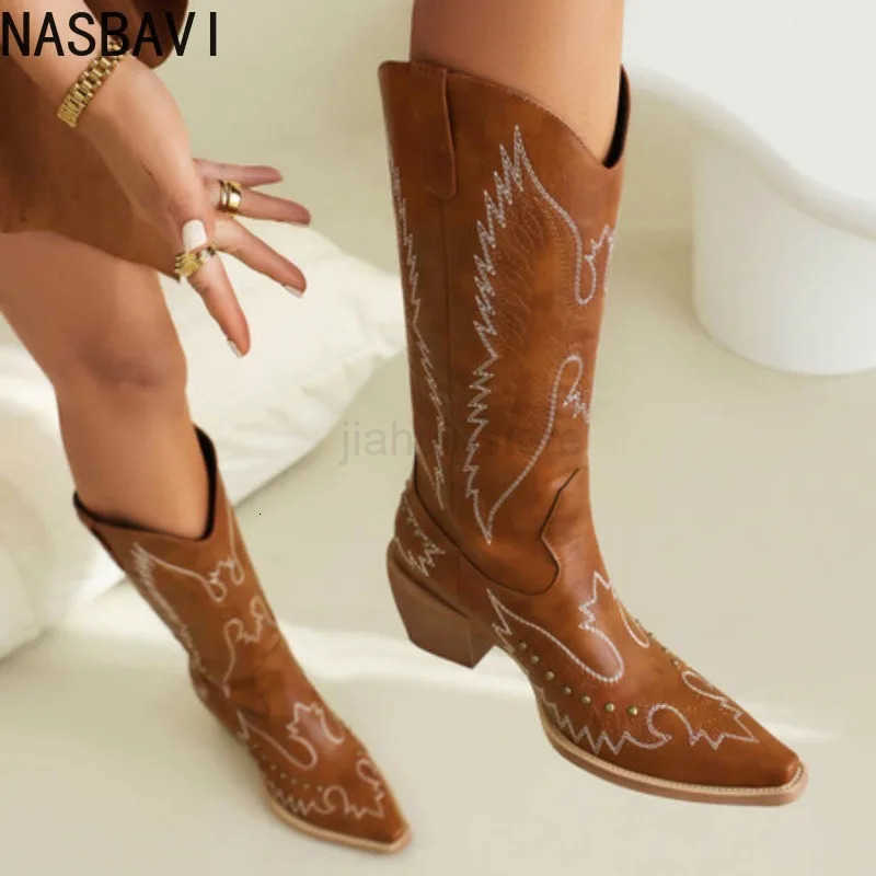 Nasbavi Red Western Cowboy Boots for Women Embroidered Pointed Toe Shoes Knee High Wide Calf Cowgirl Boots M250812