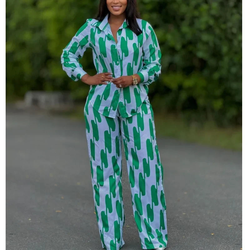 African Fashion Stripe Printed Two Piece Set Women Spring Autumn Casual Button Long Sleeved Shirt Wide Leg Pants Set 250811
