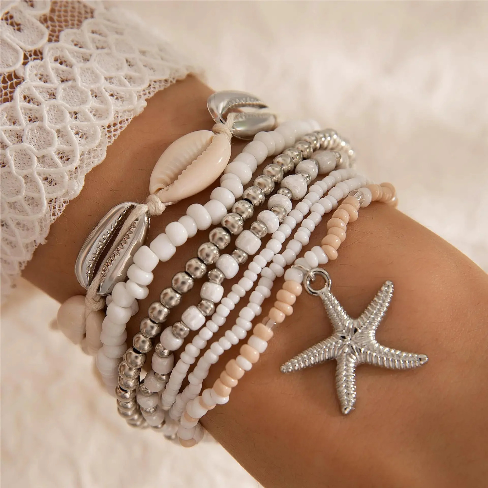 7Pcs Boho Summer Starfish Bracelet Set For Women Bohemian Shell Rice Beads Elastic Chain Bangle Girls Beach Jewelry Accessories 250807