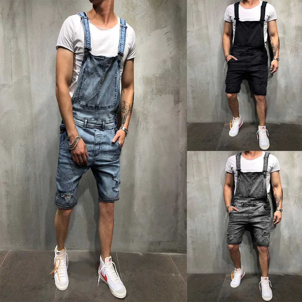 One Piece Jumpsuits Denim Men Jeans Overalls High Street Pockets Cargo Straight Pants Solid Washing Distressed Spliced X250812