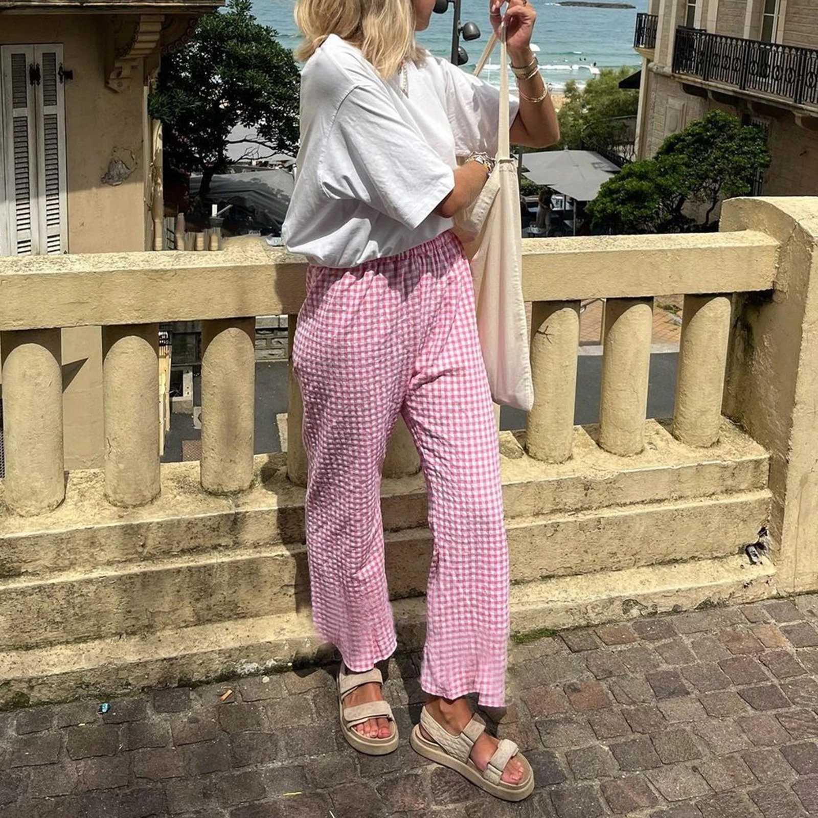 Women Y2K Aesthetic Gingham Print Pants Elastic Waist Dreawstring Wide Leg Trousers Checkered Casual Lounge Pants with Pockets 250811