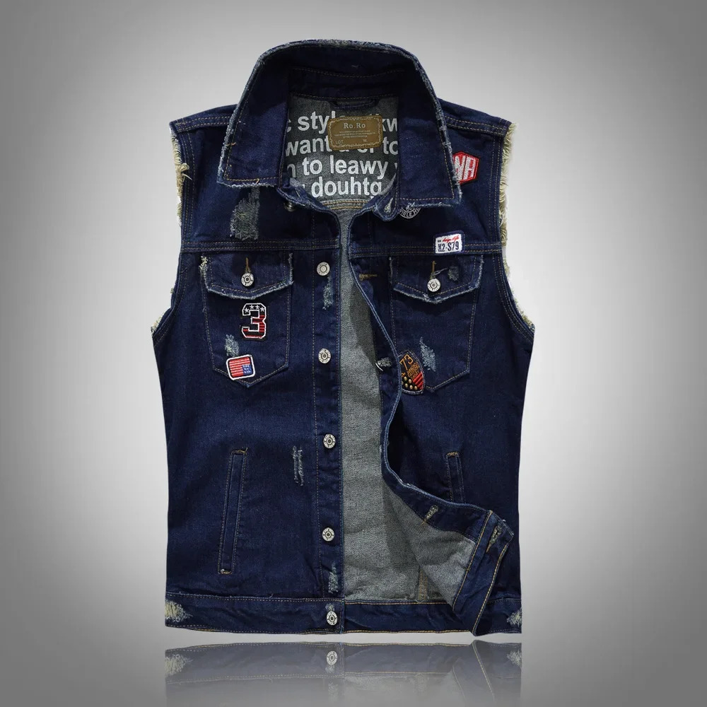 2025 Men Patched Denim Waistcoats Vests Jackets Fashion Male Fit Coats High Street Wear Holes Jeans 250805