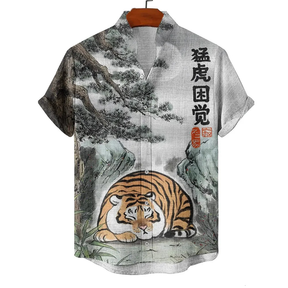 Hawaiian mens summer shirt 3d vacation animal tiger print casual short sleeve floral fashion vintage 250804