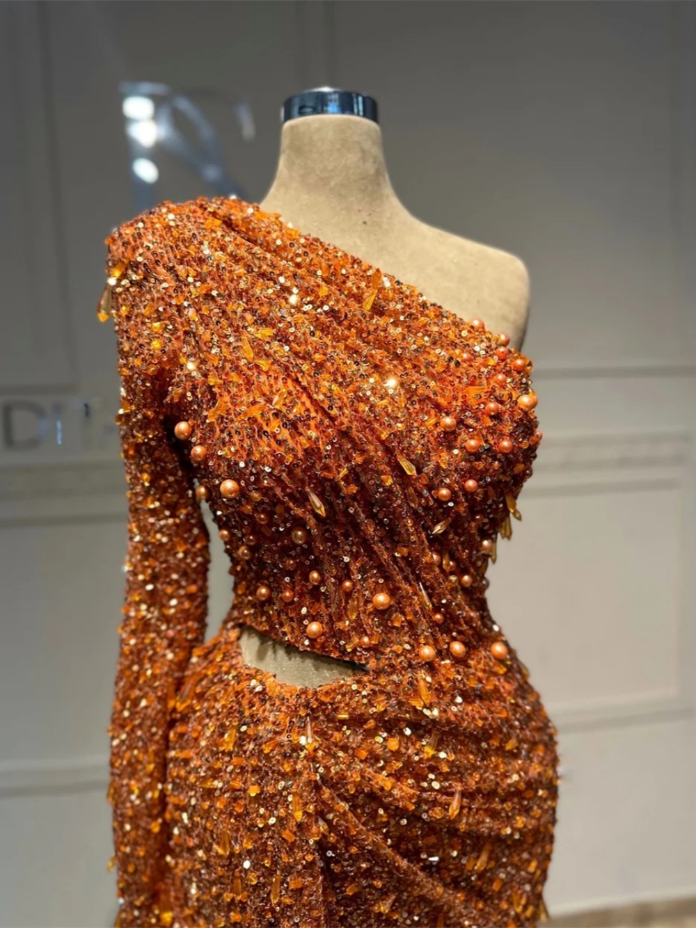 Glitter Sequins Mermaid Evening Dress One Shoulder Long Sleeve Pearls Prom Gowns Beaded Floor Length Party Dresses Customized