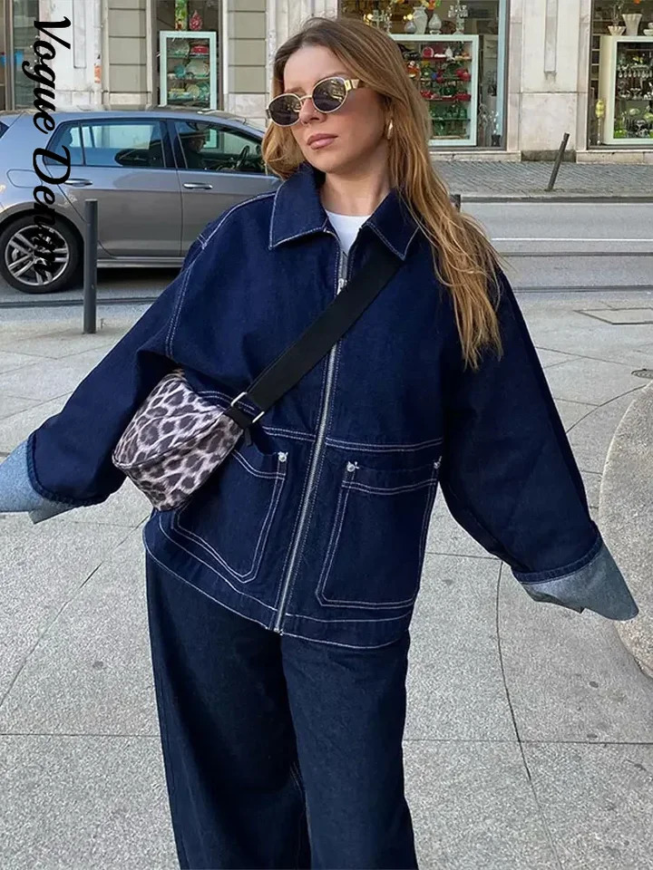 Denim Woman Trousers Two-piece Set Zipper Pockets Revers Sleeve Coats Basic Straight crimping Hem Jeans Casual Lady Outfits 250811