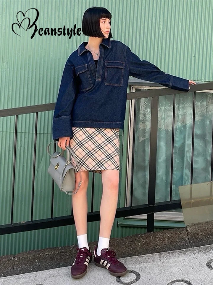 Street Loose Solid Women Jeans Suits Lapel Full Sleeve Pockets Top High Waist Wide Leg Pants 2025 Spring Fashion Lady Sets 250811