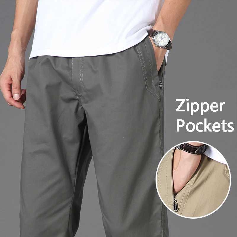 2023 Summer Autumn Mens Casual Pants with Zipper Pockets Cotton High Quality Stretchable Waist Sports Work Utility Trousers W250812