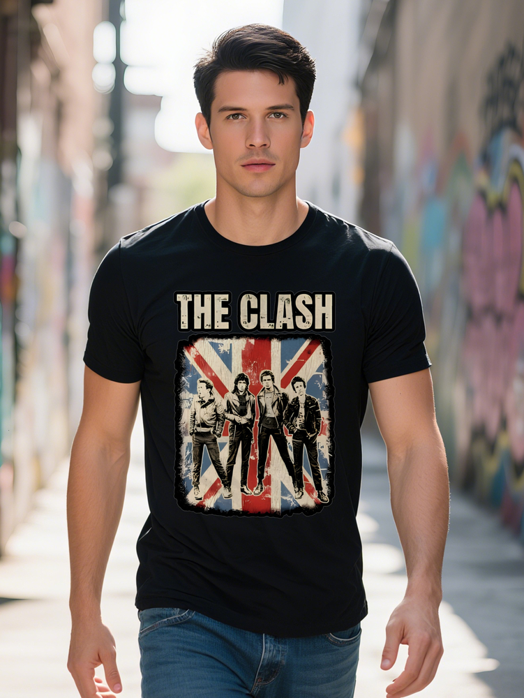 Men S Casual Round Neck T Shirt with THE CLASH Union Jack Print Vintage British Flag Design Regular Fit Summer Tee