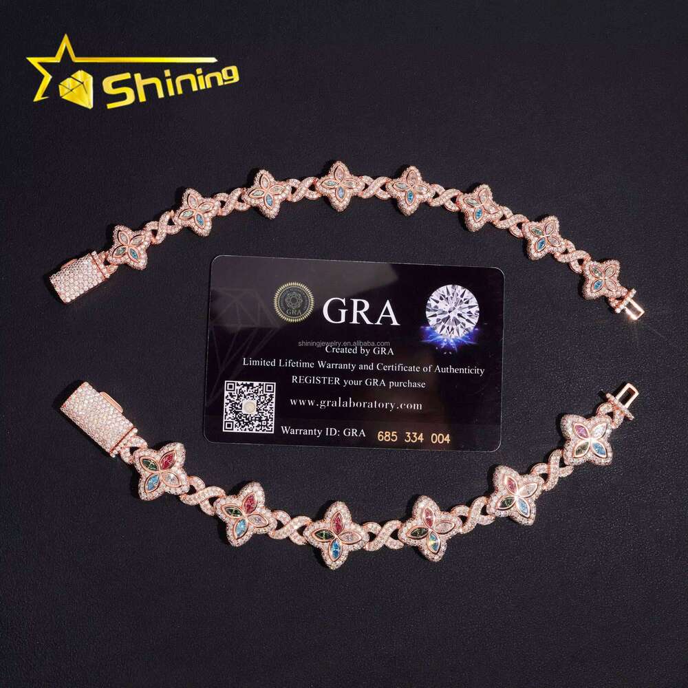 Unique Design Rapper Jewelry Hot Selling Hip Hop Mulit Color Moissanite Iced Out S Sier Cuban Clover Bracelet Men