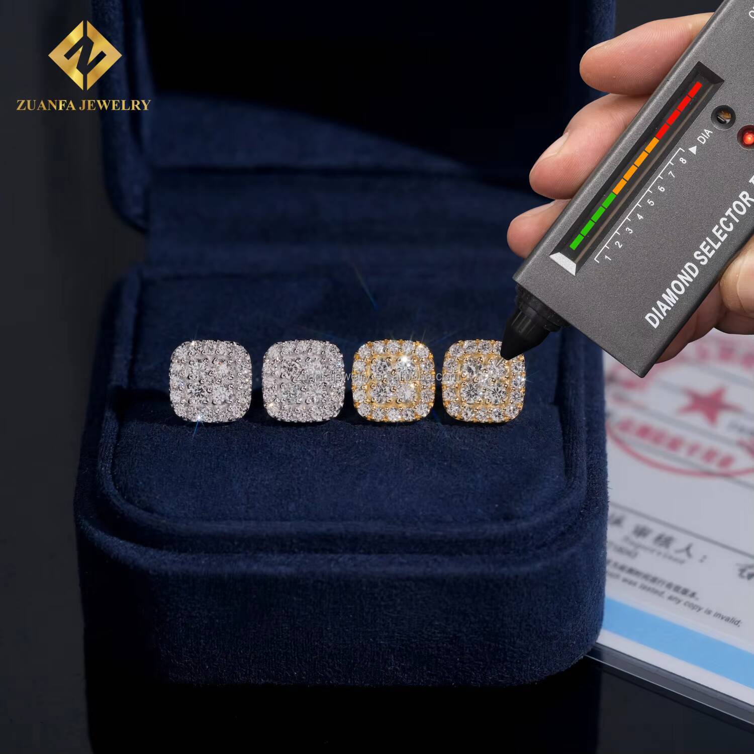 Luxury Hip Hop Style Fashion Iced Out 925 Sterling Silver Lab Grown HPHT Diamond VVS Square Stud Earrings Screw Back Gift