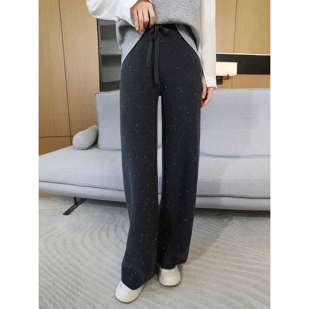 100% Merino Wool Wide Pants Women Autumn Winter Gold And Sier Silk Bead Knitted Narrow Version Straight Leg Casual Trouser 20250811