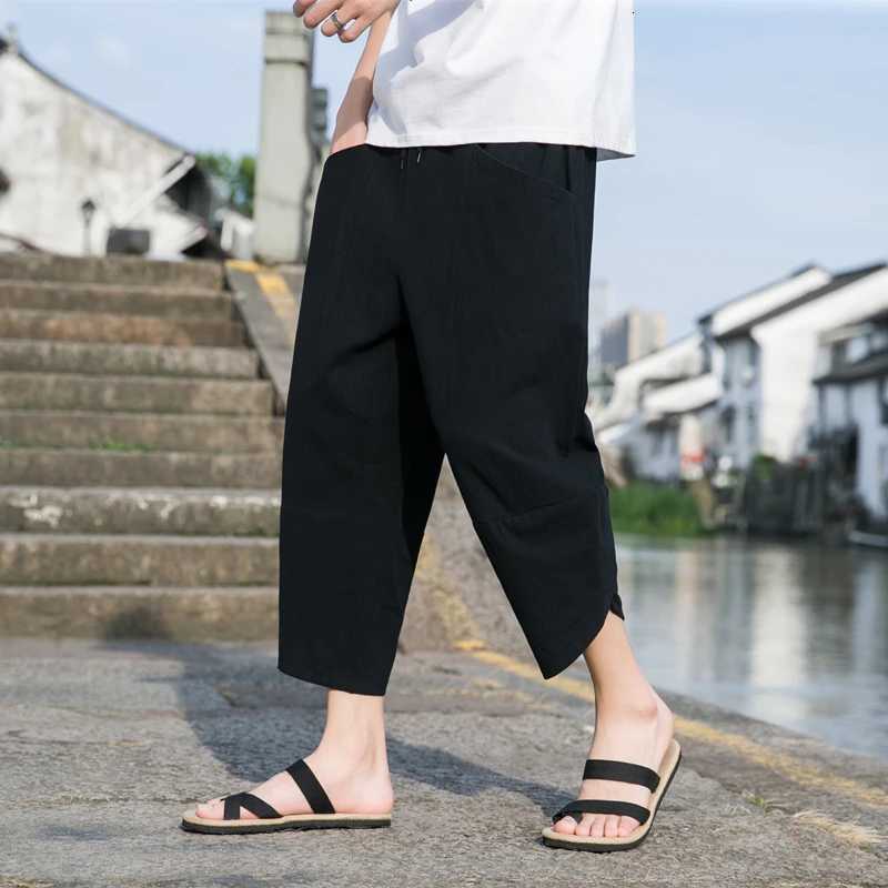 5-5XL Summer New 00% Cotton Loose Cropped Pants Solid Color Casual Elastic Waist Curved Leg Japanese Pants W250812